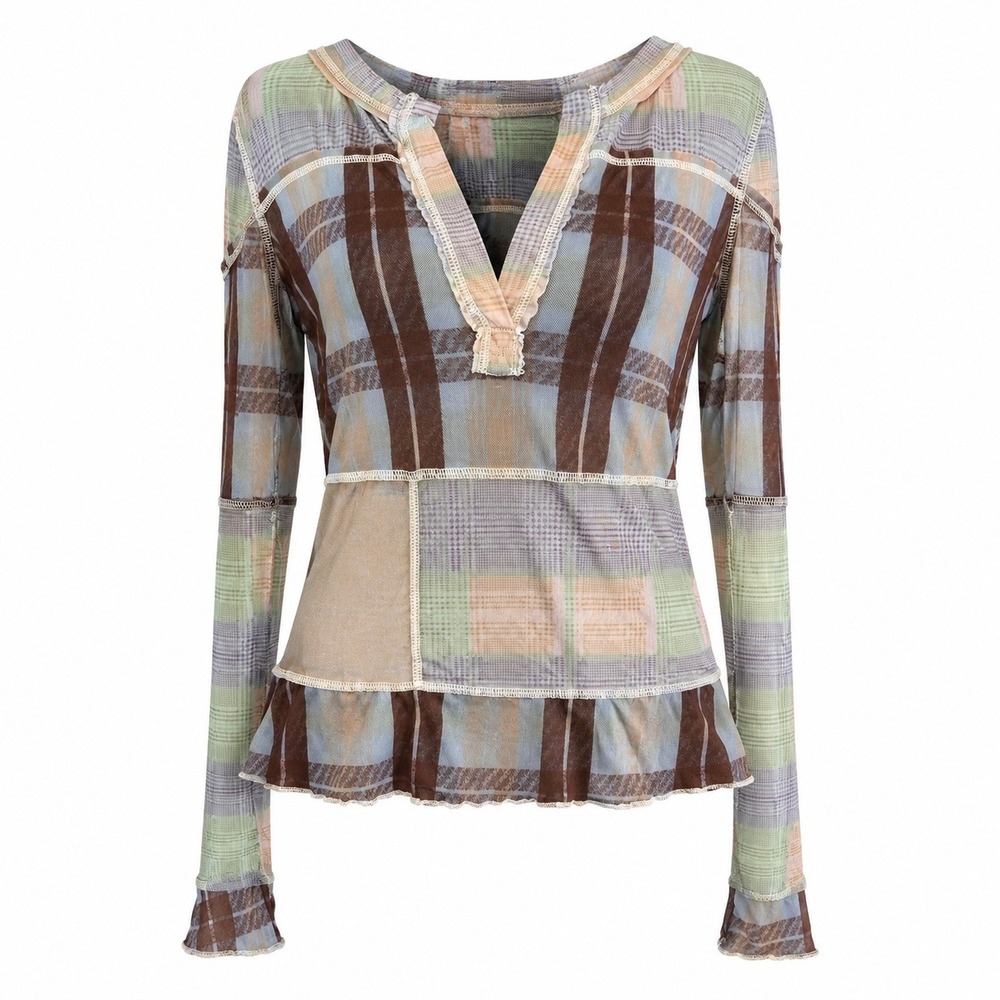 We The Free Free People Plaid Mesh Tunic Top Large Boho Y2K Fairy Grunge